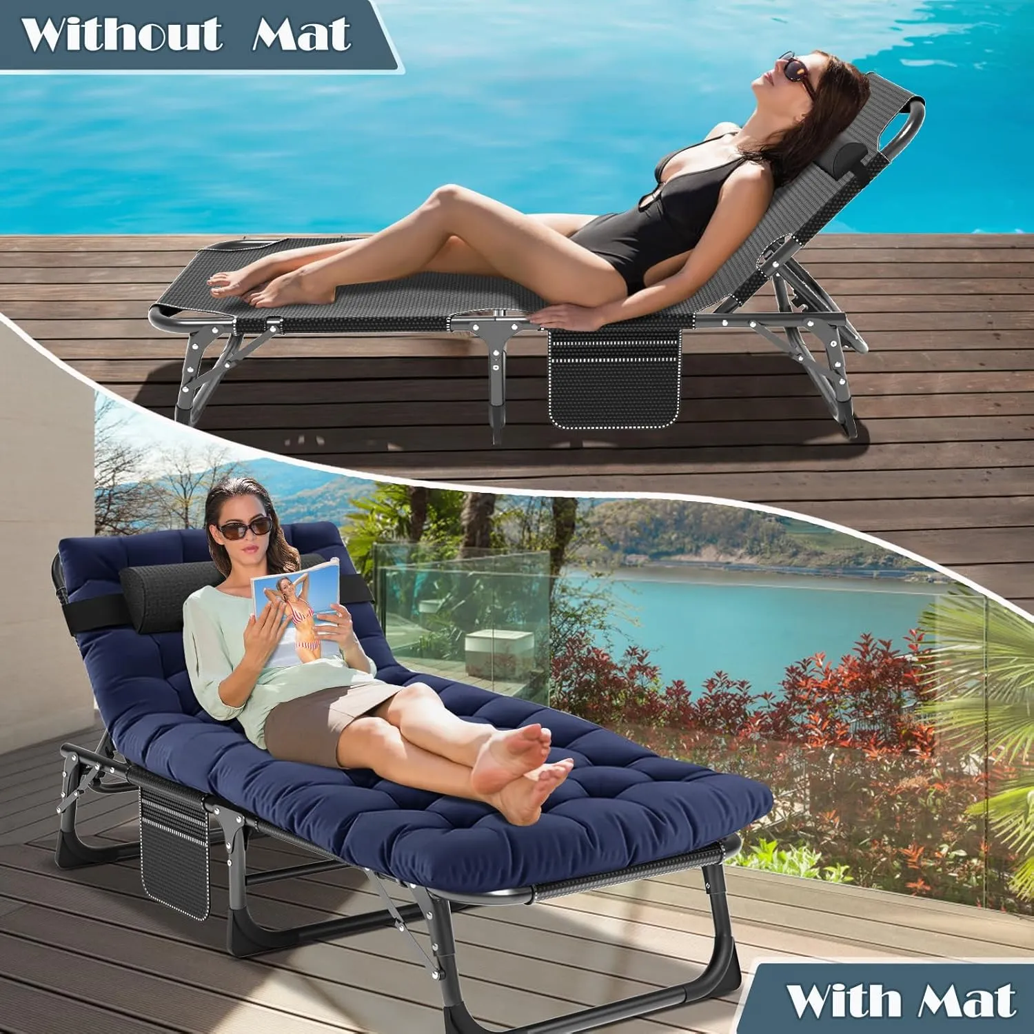 Folding Outdoor Chaise Lounge Chair, 5-Position Reclining Patio Chairs for Sun Tanning, Portable Sleeping Camping Cot for Adult, Sleeping Chair Perfect for Pool Beach Patio Lawn Sunbathing