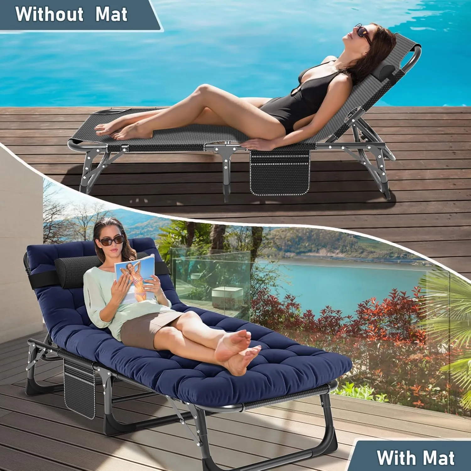 Folding Outdoor Chaise Lounge Chair, 5-Position Reclining Patio Chairs for Sun Tanning, Portable Sleeping Camping Cot for Adult, Sleeping Chair Perfect for Pool Beach Patio Lawn Sunbathing