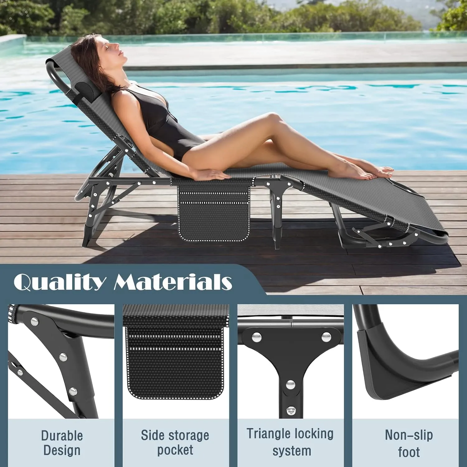 Folding Outdoor Chaise Lounge Chair, 5-Position Reclining Patio Chairs for Sun Tanning, Portable Sleeping Camping Cot for Adult, Sleeping Chair Perfect for Pool Beach Patio Lawn Sunbathing