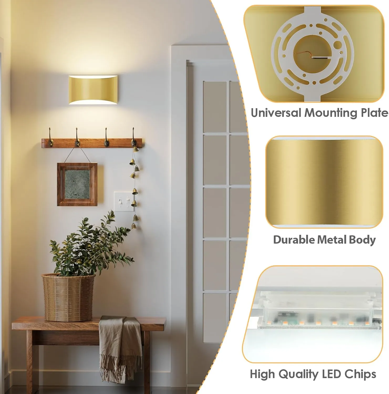 FOLKSMATE Modern LED Wall Sconces Set of 2, 3000K Warm White Up and Down Mount Light, Gold Hardwired Interior Wall Lights Lamp for Indoor Living Room Bedroom Hallway Basement Stairway