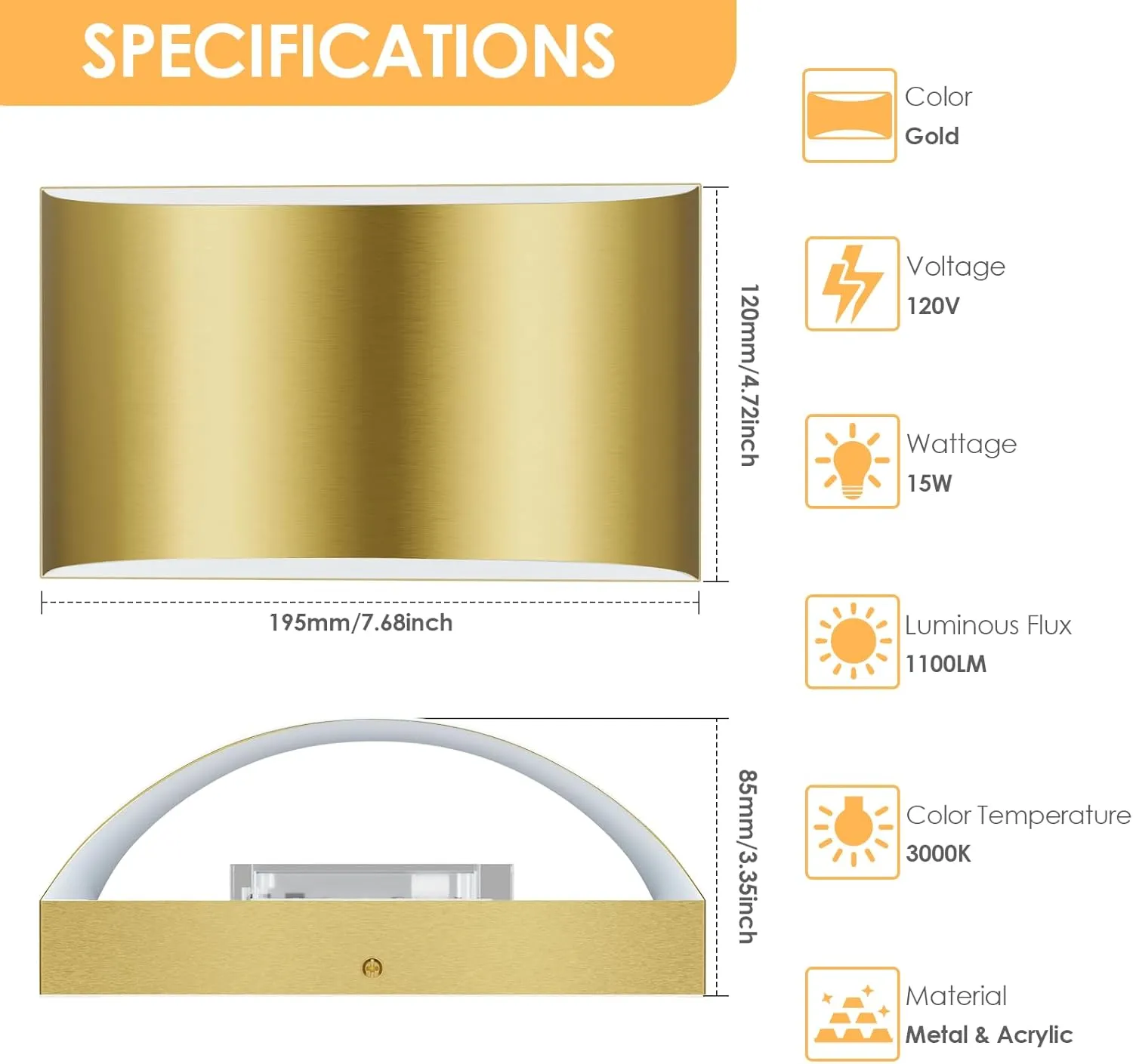 FOLKSMATE Modern LED Wall Sconces Set of 2, 3000K Warm White Up and Down Mount Light, Gold Hardwired Interior Wall Lights Lamp for Indoor Living Room Bedroom Hallway Basement Stairway