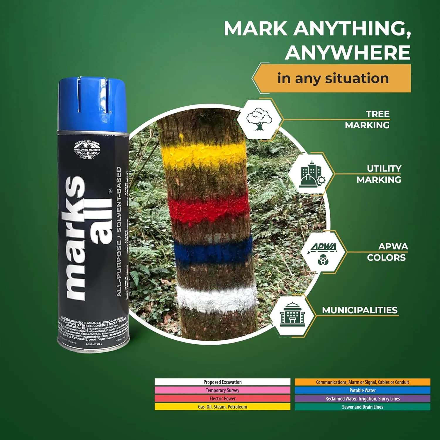 Fox Valley 18oz Marks All Solvent-Based Marking Paint Spray, 12-Pack Blue Fluorescent – Long-Lasting, Weather-Resistant Spray Paint for Wet or Dry Surfaces Like Metal, Grass, Concrete, Wood, & More