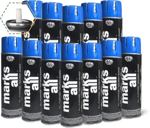 Fox Valley 18oz Marks All Solvent-Based Marking Paint Spray, 12-Pack Blue Fluorescent – Long-Lasting, Weather-Resistant Spray Paint for Wet or Dry Surfaces Like Metal, Grass, Concrete, Wood, & More