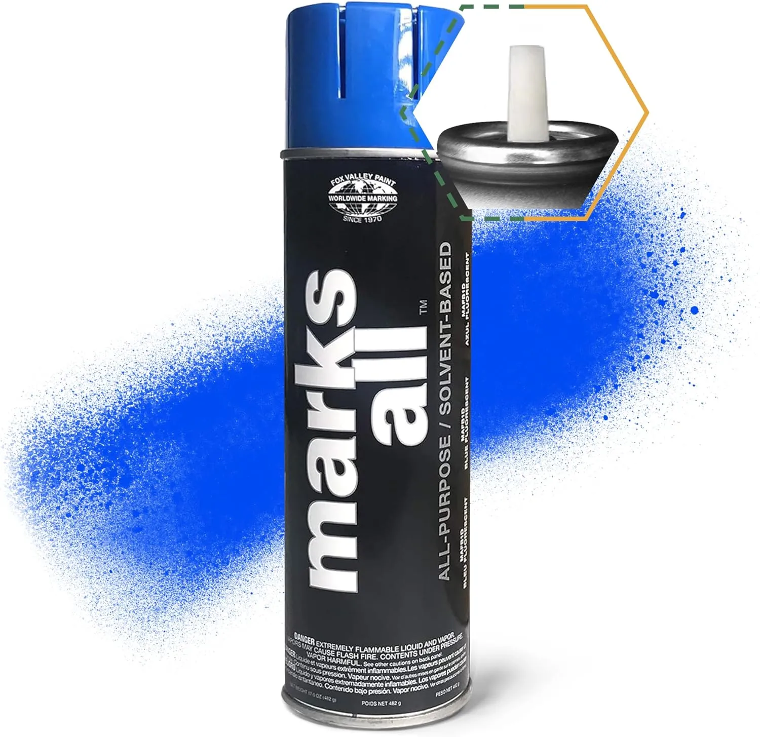 Fox Valley 18oz Marks All Solvent-Based Marking Paint Spray, 12-Pack Blue Fluorescent – Long-Lasting, Weather-Resistant Spray Paint for Wet or Dry Surfaces Like Metal, Grass, Concrete, Wood, & More