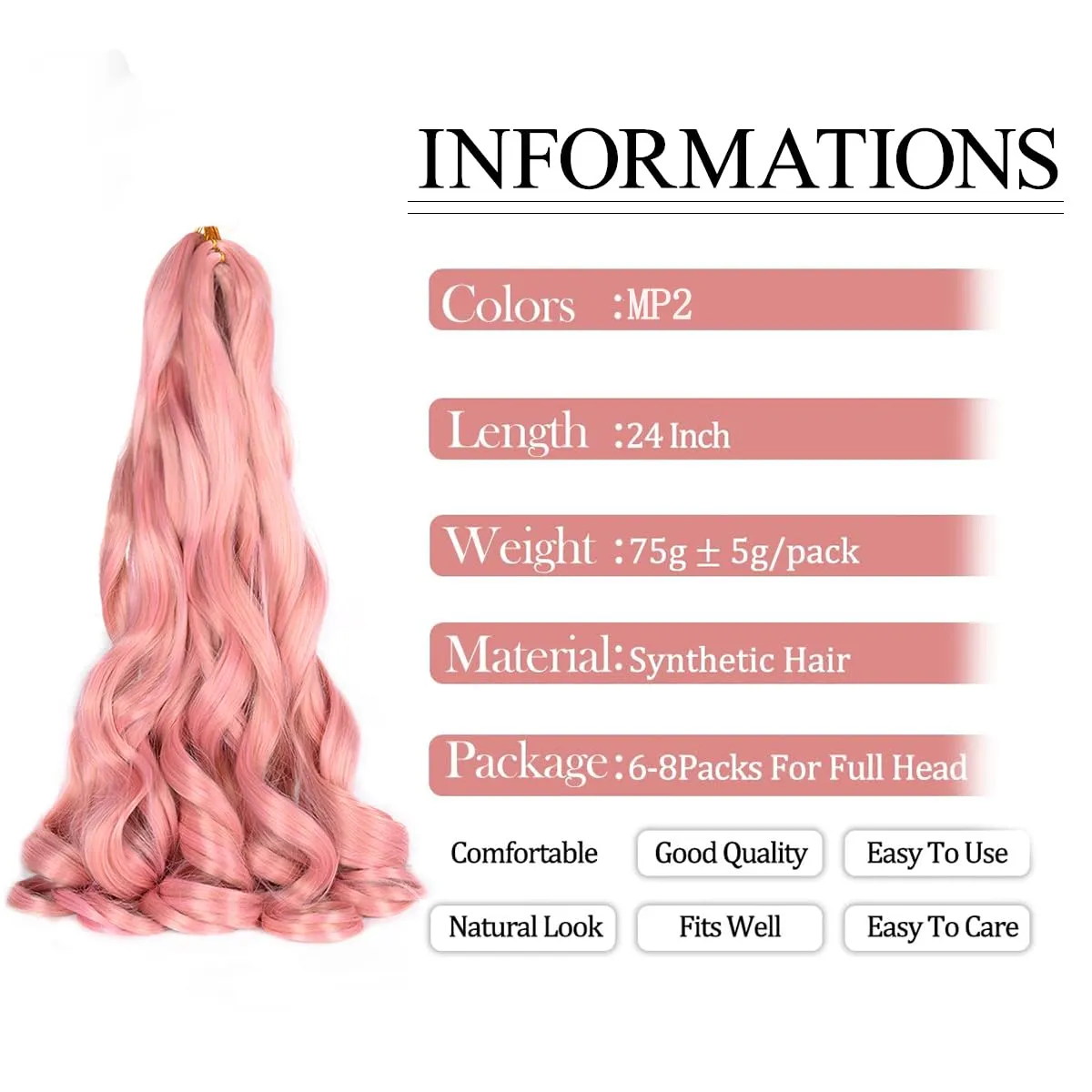 French Curl Braiding Hair,Loose Wave Braiding Hair 8 Packs 24 Inch 75g/Pack Silky Crochet Braids Spanish Curly Synthetic Pink Spiral Curl Braiding Hair Extensions (24 Inch,8 Packs,MP2)