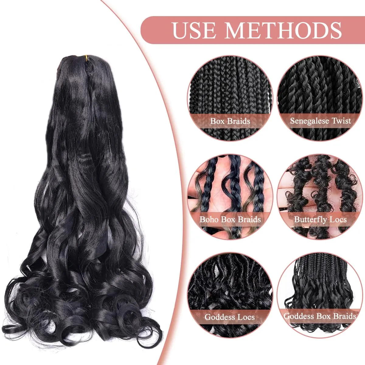 French Curly Braiding Hair 24Inch Loose Wavy 8 Packs #1B Black Bouncy Braiding Hair Extensions 75g/Pack Synthetic French Curl Crochet Hair Extensions（8packs,24Inch)