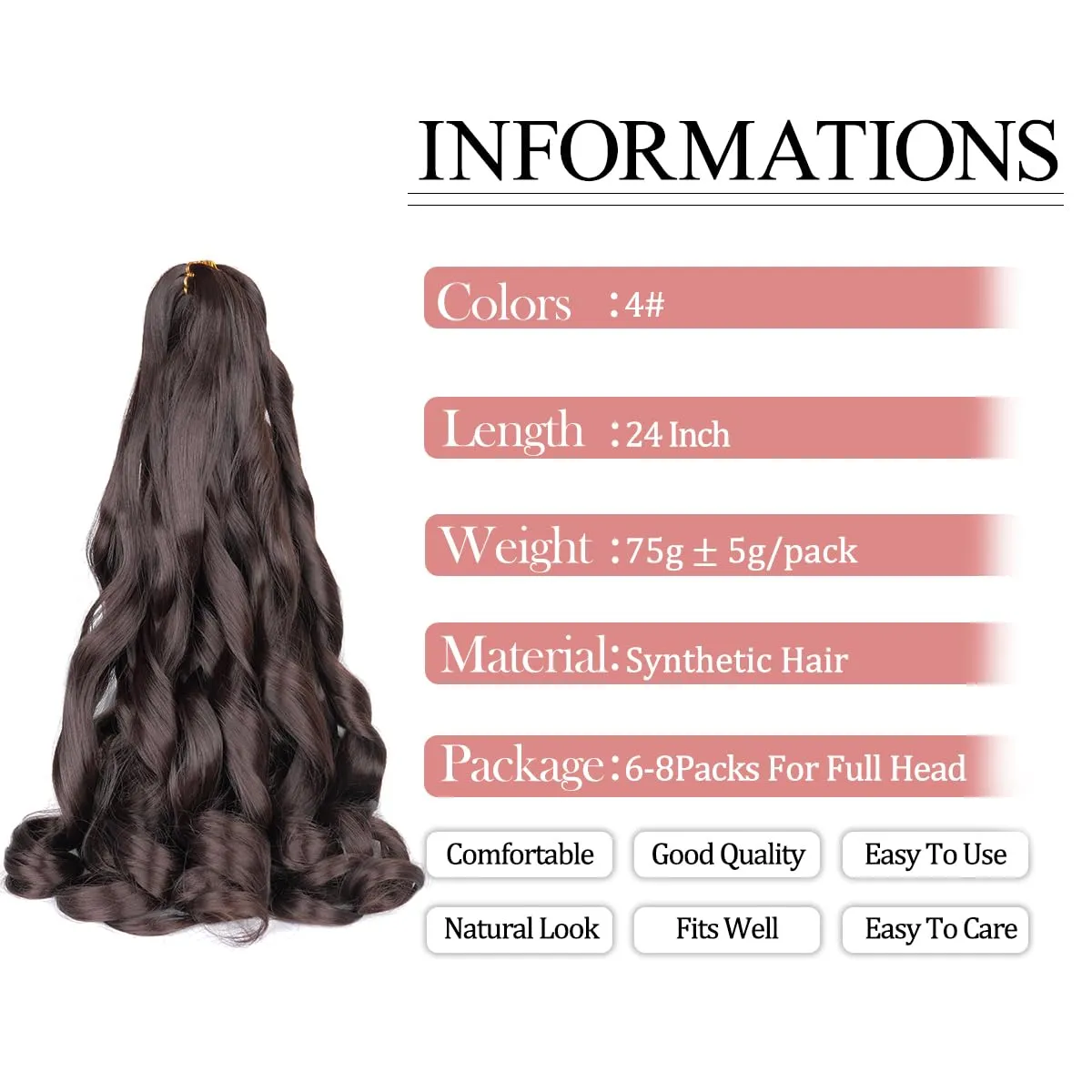 French Curly Braiding Hair,#4 Brown Synthetic Bouncy Braiding Hair 75g/Pack Crochet Hair Extensions 24Inch 8Pack French Curl Braiding Hair Extensions