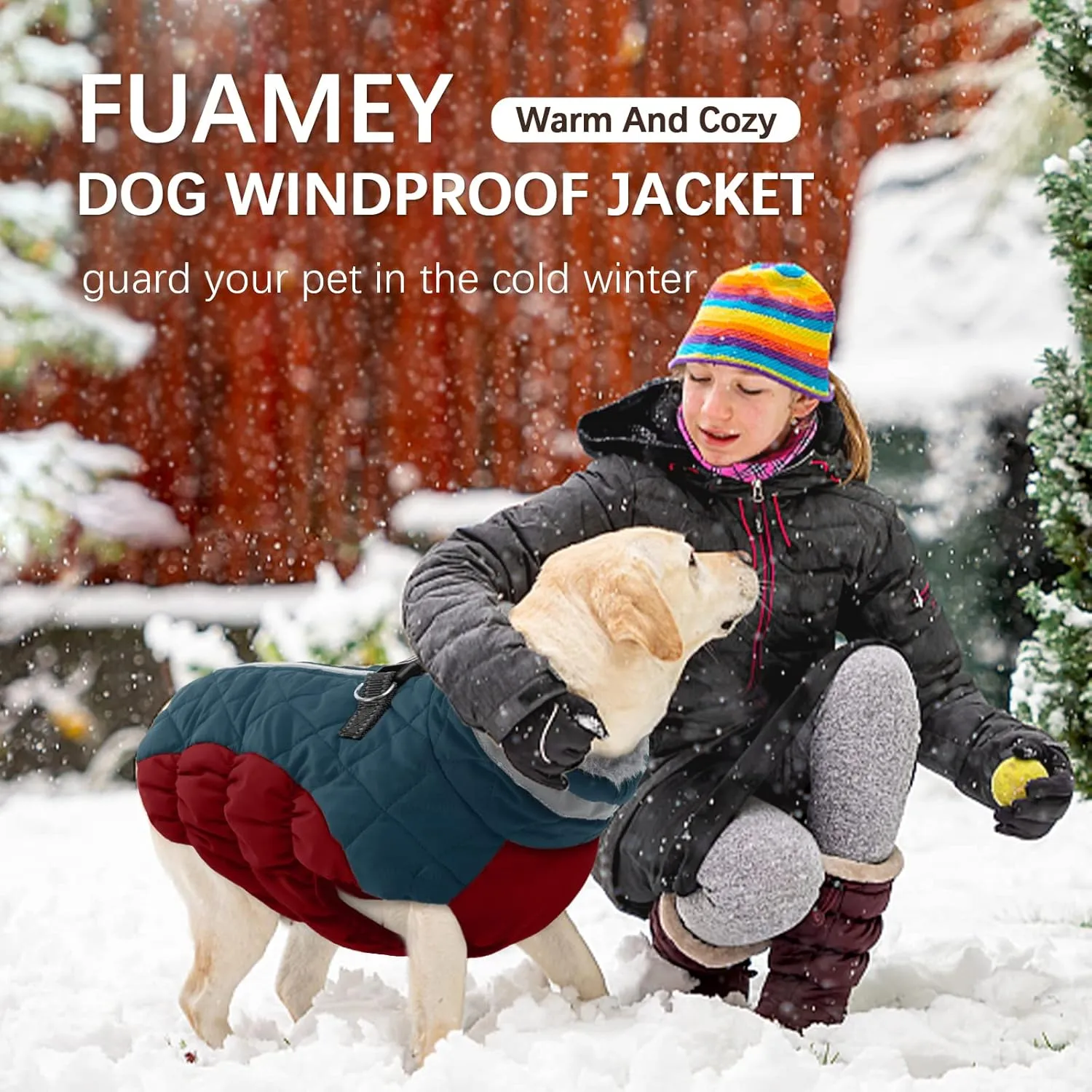 FUAMEY Dog Winter Jacket, Padded Dog Vest with Harness, Water Resistant Coat for Small to Large Dogs, Dark Blue, XXL