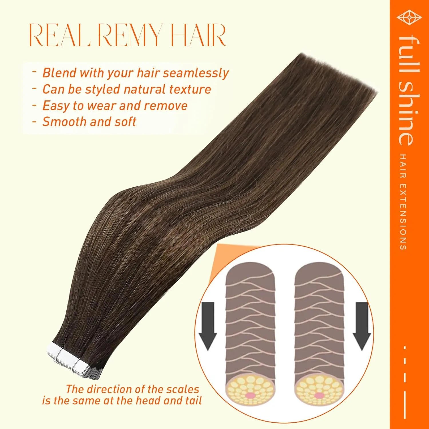 Full Shine Tape in Extensions 16 Inch Invisible Tape Hair Extensions Real Human Hair Color 2 Brown Fading to 8 Ash Brown and 2 Glue on Hair Extensions 50 Gram 20 Pcs Double Sided Tape for Women