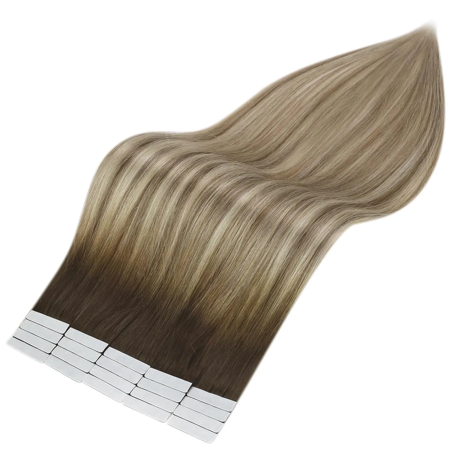 Full Shine Tape in Hair Extensions 20 Inch Human Hair Tape Hair Extensions Balayage Color 3 Dark Brown Fading to 8 and 22 Blonde Highlighted Glue in Remy Hair Extensions 50G 20Pcs Add Length Straight