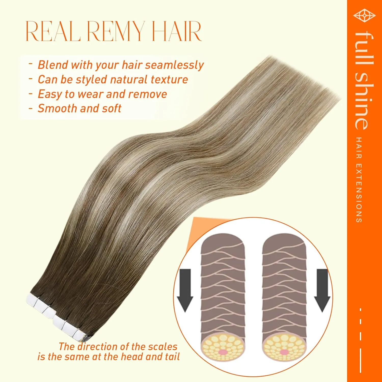 Full Shine Tape in Hair Extensions 20 Inch Human Hair Tape Hair Extensions Balayage Color 3 Dark Brown Fading to 8 and 22 Blonde Highlighted Glue in Remy Hair Extensions 50G 20Pcs Add Length Straight