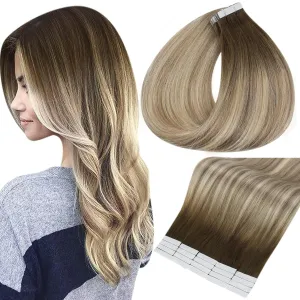 Full Shine Tape in Hair Extensions 20 Inch Human Hair Tape Hair Extensions Balayage Color 3 Dark Brown Fading to 8 and 22 Blonde Highlighted Glue in Remy Hair Extensions 50G 20Pcs Add Length Straight