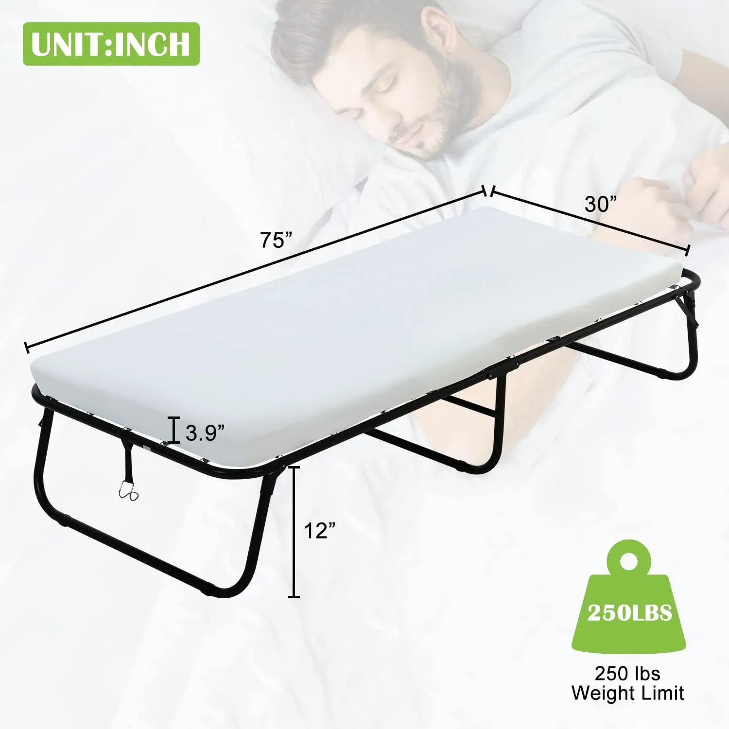 Full Size Metal Bed Frame - Premium Portable Folding Bed Rollaway Bed with 3'' Comfort Foam Mattress, Heavy Duty, Powder Coated, White