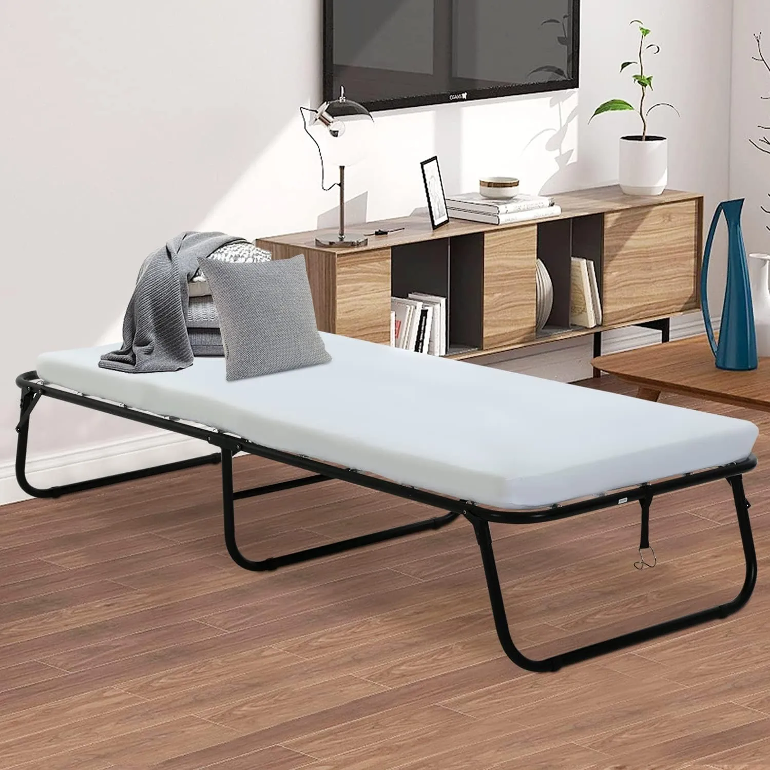 Full Size Metal Bed Frame - Premium Portable Folding Bed Rollaway Bed with 3'' Comfort Foam Mattress, Heavy Duty, Powder Coated, White