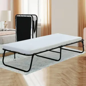 Full Size Metal Bed Frame - Premium Portable Folding Bed Rollaway Bed with 3'' Comfort Foam Mattress, Heavy Duty, Powder Coated, White