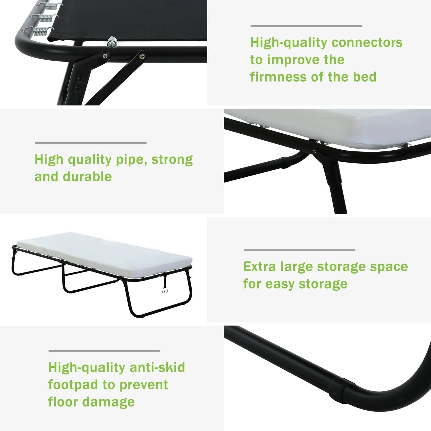 Full Size Metal Bed Frame - Premium Portable Folding Bed Rollaway Bed with 3'' Comfort Foam Mattress, Heavy Duty, Powder Coated, White