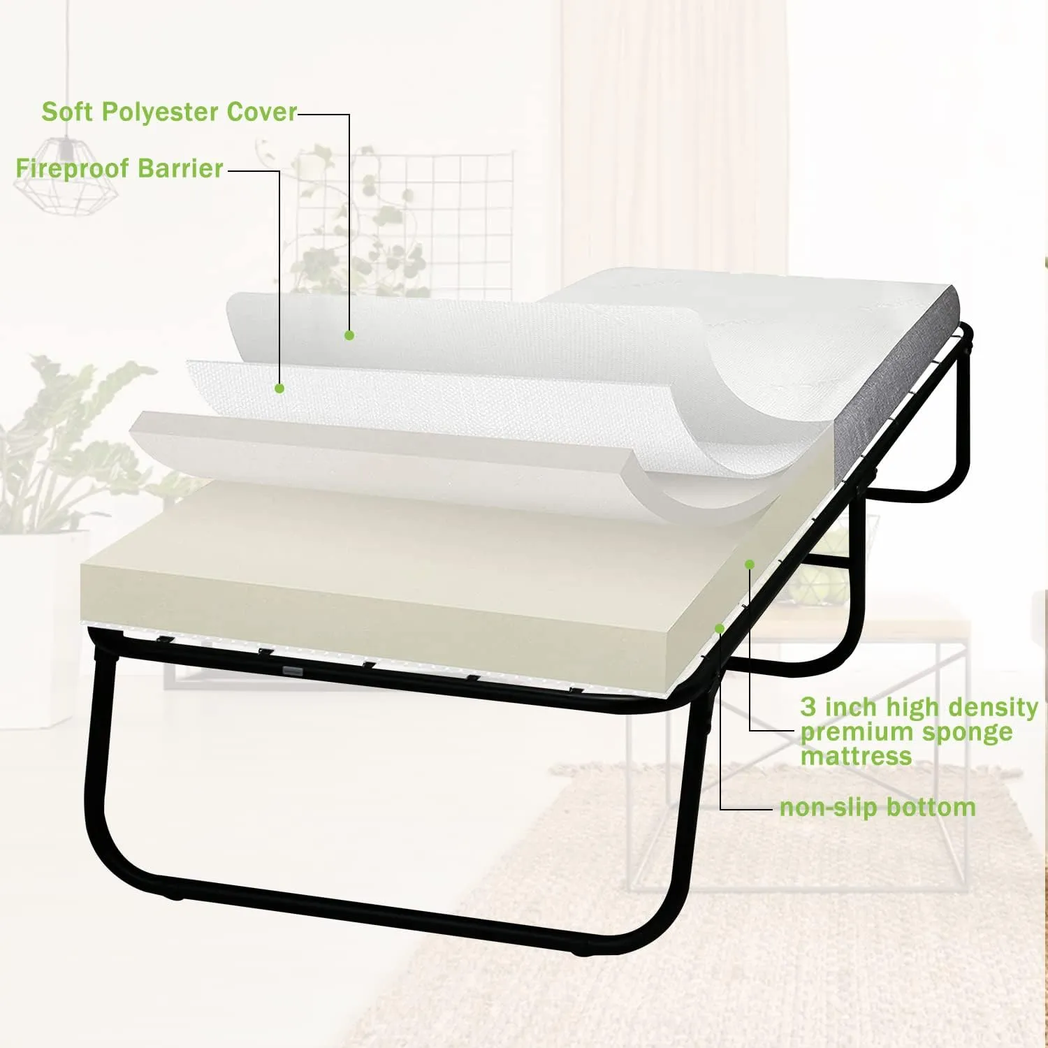 Full Size Metal Bed Frame - Premium Portable Folding Bed Rollaway Bed with 3'' Comfort Foam Mattress, Heavy Duty, Powder Coated, White