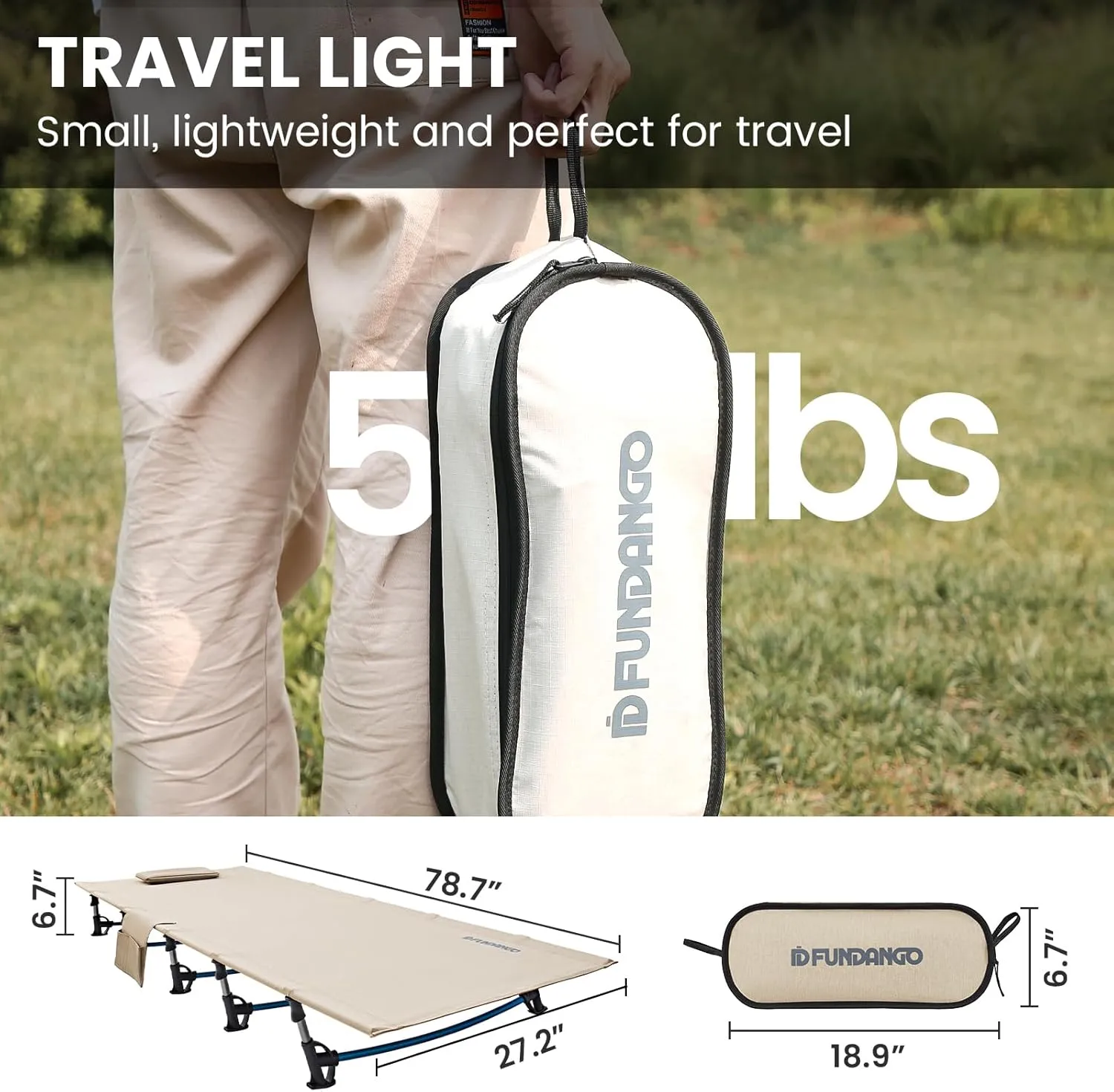 FUNDANGO Ultralight Folding Camping Cot, Extra Long Backpacking Camping Cots for Adults Protable Cot Bed for Hiking Travel Home Mountaineering, Beige