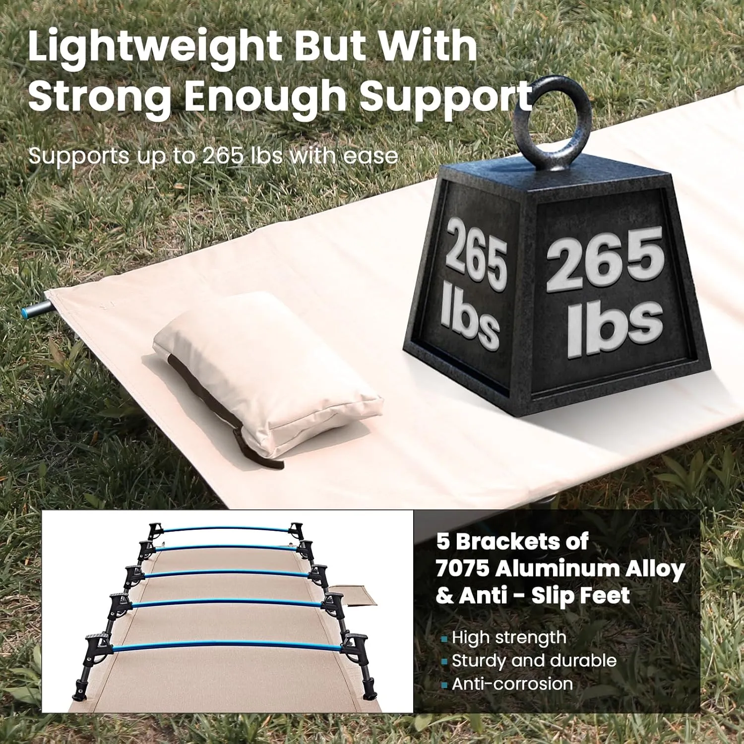 FUNDANGO Ultralight Folding Camping Cot, Extra Long Backpacking Camping Cots for Adults Protable Cot Bed for Hiking Travel Home Mountaineering, Beige