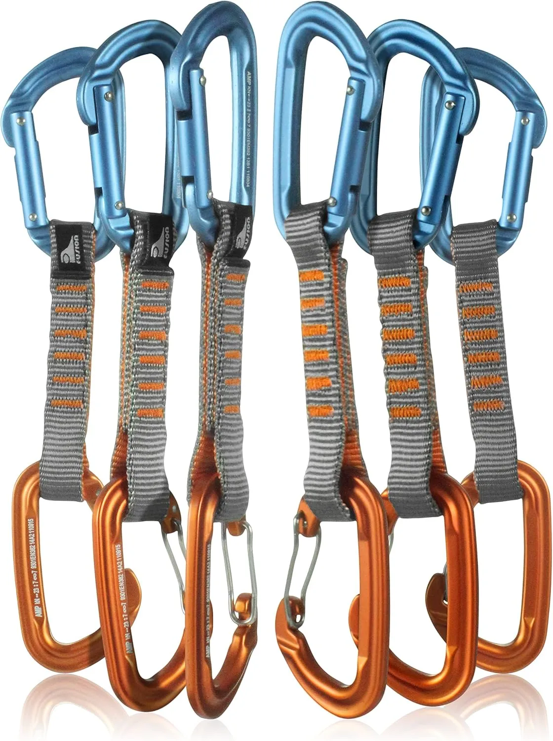 Fusion Climb 6-Pack 11cm Quickdraw Set with Contigua Orange Wire Gate Carabiner/Contigue Blue Straight Gate Carabiner (QDS11-9301-WG-ORG-9301-ST-BLU)