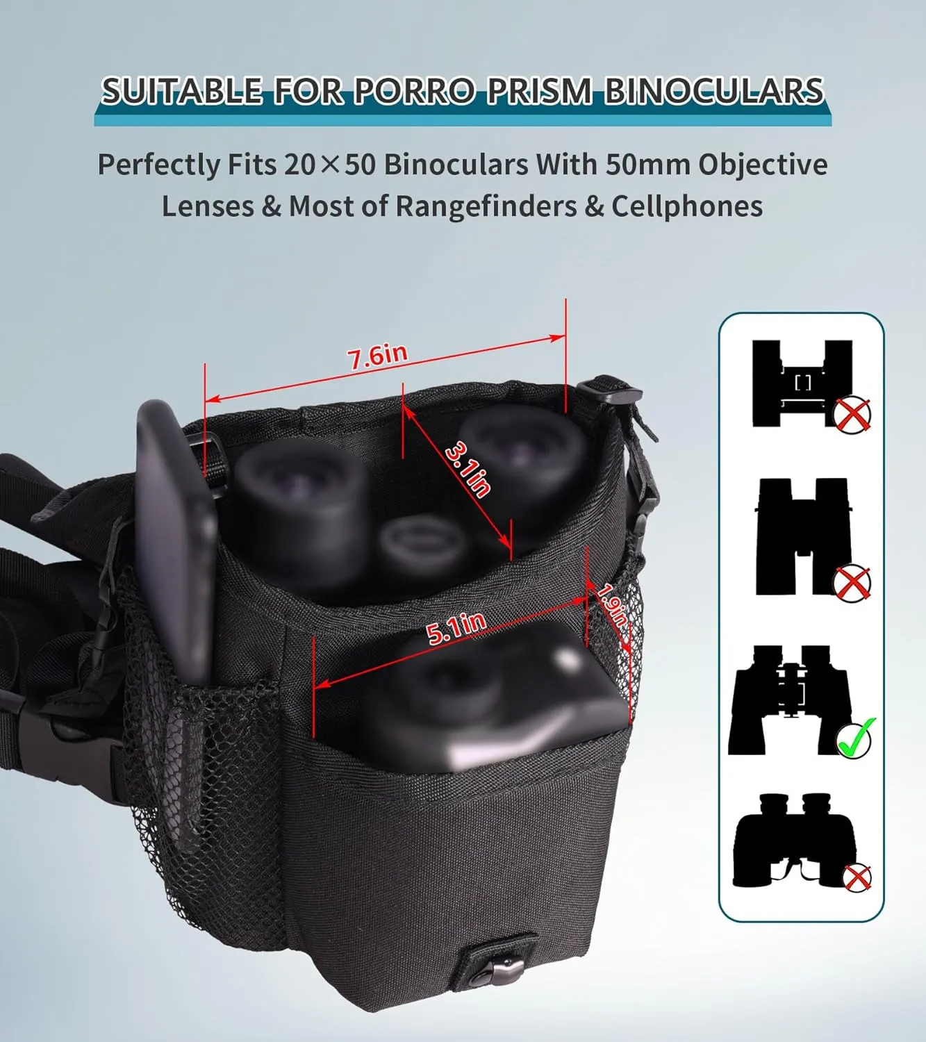 GAIARENA Binocular Harness Chest Pack, Waterproof Bino Harness with Rangefinder Pouch for 20x50 Binoculars Bino Chest Harness Adjustable Binocular Chest Pack for Hunting Hiking (Full Size)