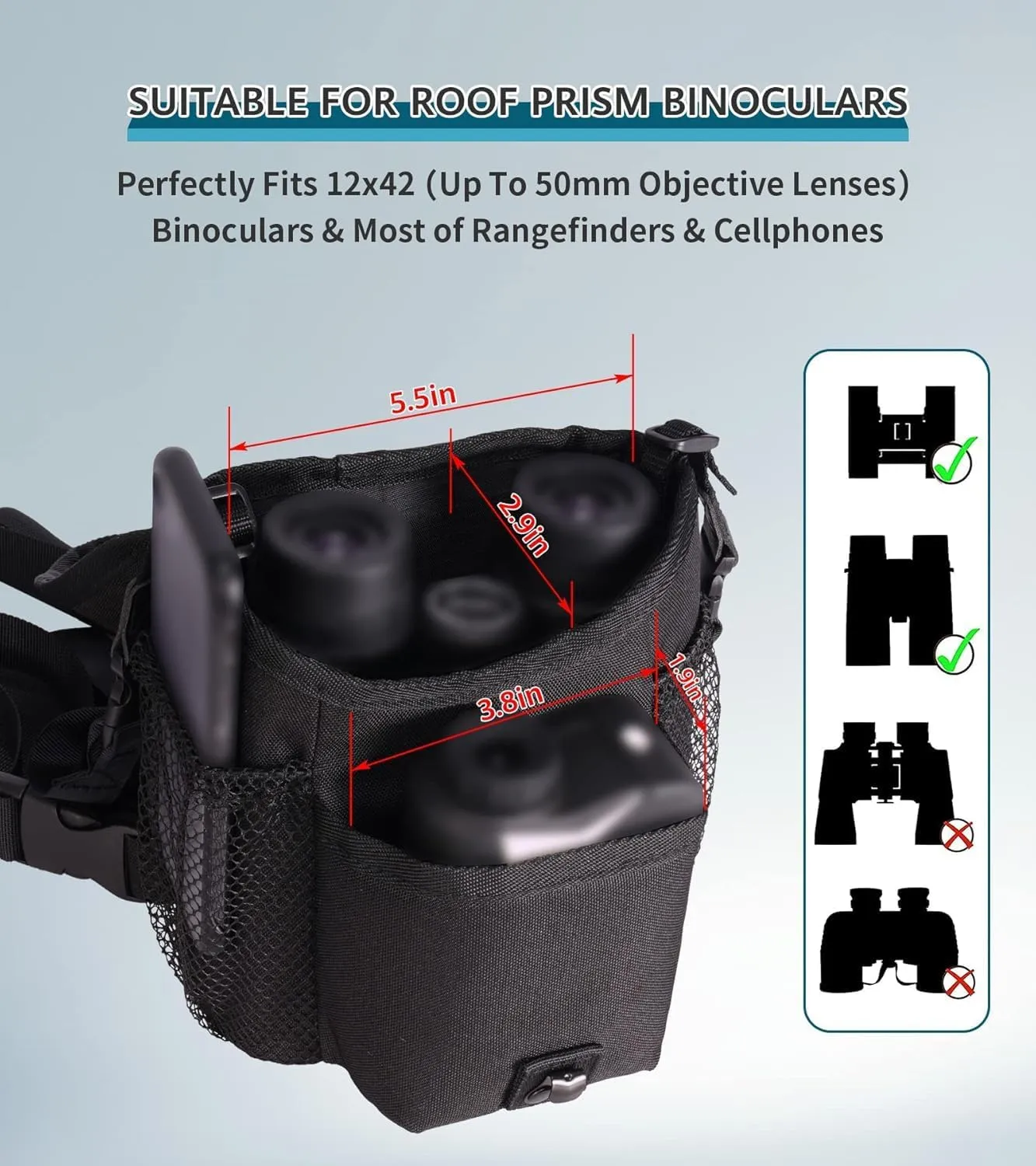 GAIARENA Waterproof Binocular Harness Chest Pack, Bino Harness Case with Rangefinder & Cellphone Pocket for 12x42 Binoculars Lightweight Binocular Pack for Hunting, Hiking (New Version)