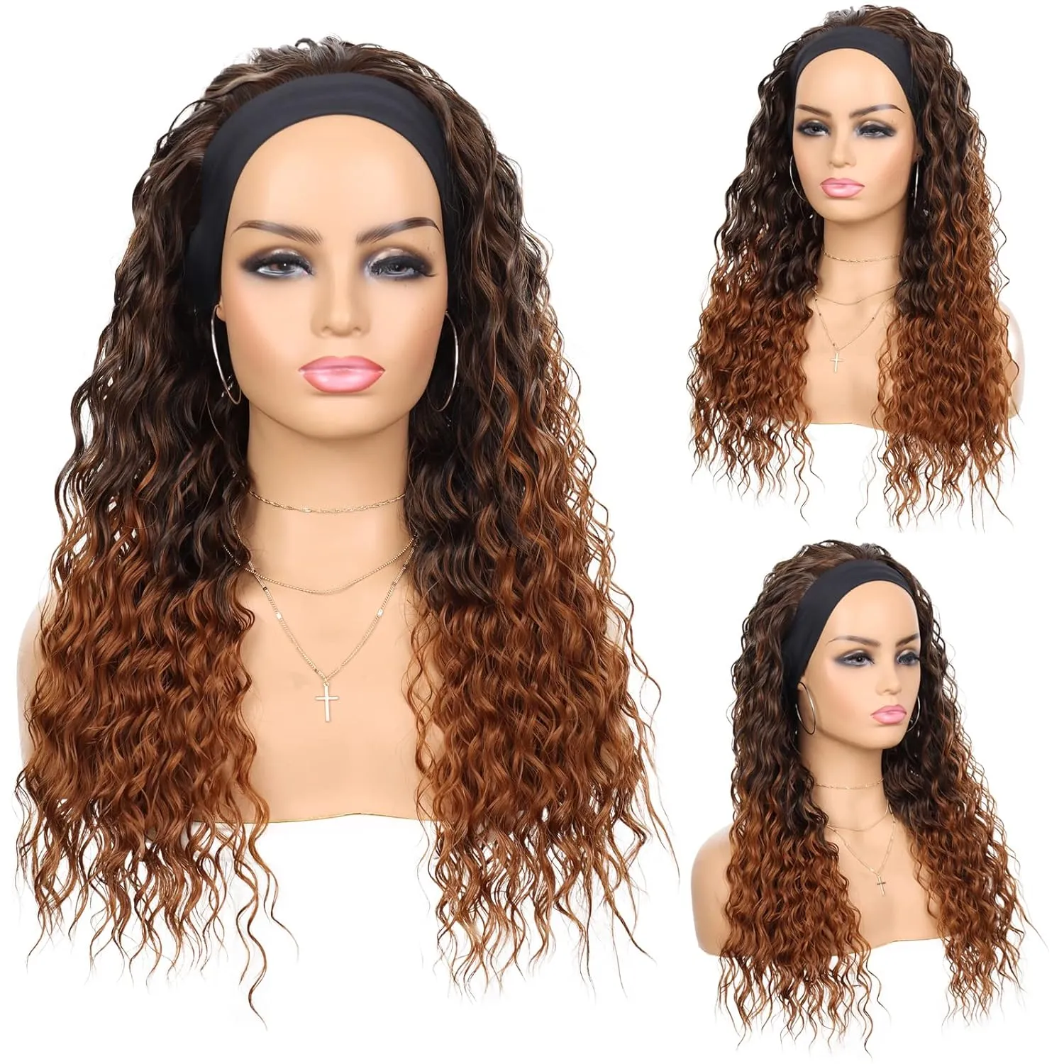 G&T Wig Curly Headband Wigs for Black Women Wet and Wavy Headband Wig Ombre Blonde Curly Synthetic Wigs Glueless Heat Resistant Long Curly Wigs for Daily Wear