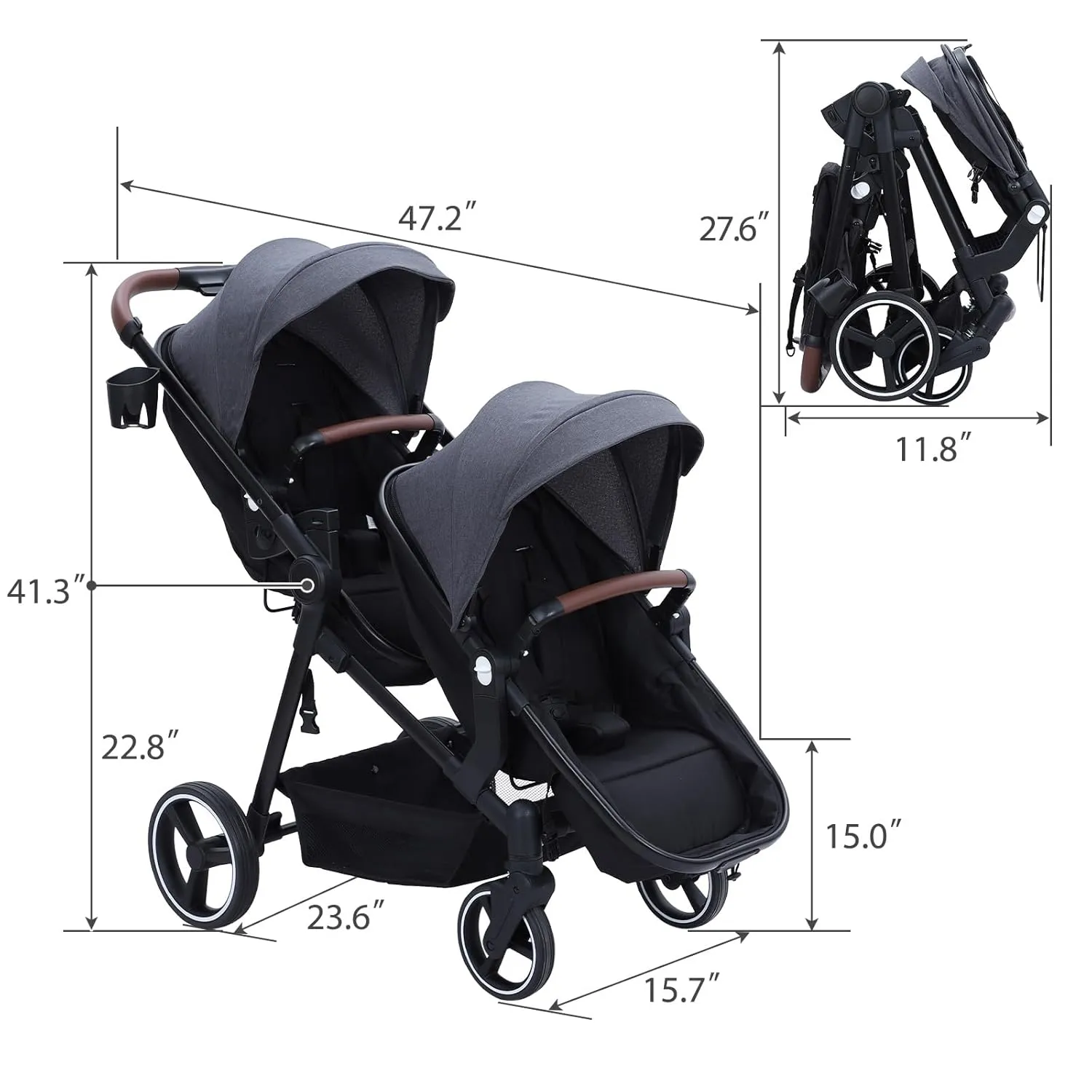 GAOMON Double Stroller Track Tandem Stroller for Infant and Toddler, Foldable Pushchair Bassinet Pram, Multi-Position Reversible & Adjustable Backrest, Large Storage Basket and Canopy, Gray
