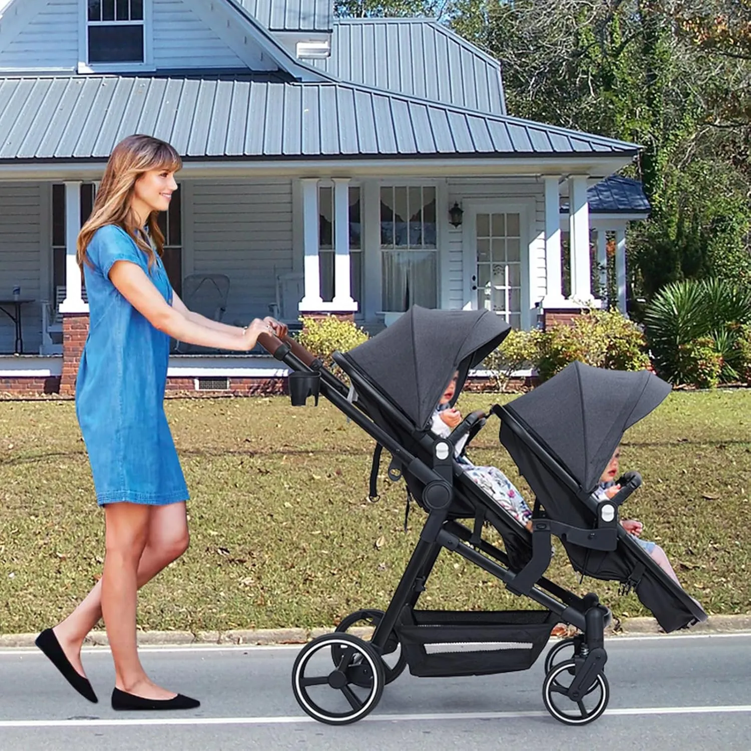 GAOMON Double Stroller Track Tandem Stroller for Infant and Toddler, Foldable Pushchair Bassinet Pram, Multi-Position Reversible & Adjustable Backrest, Large Storage Basket and Canopy, Gray