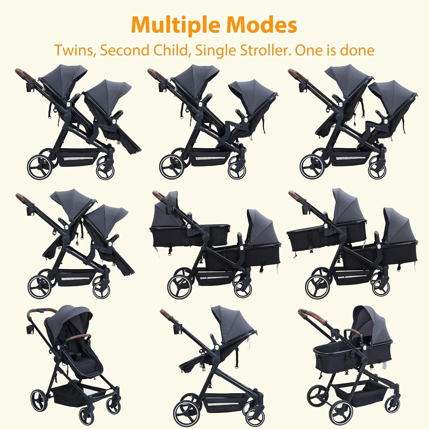 GAOMON Double Stroller Track Tandem Stroller for Infant and Toddler, Foldable Pushchair Bassinet Pram, Multi-Position Reversible & Adjustable Backrest, Large Storage Basket and Canopy, Gray