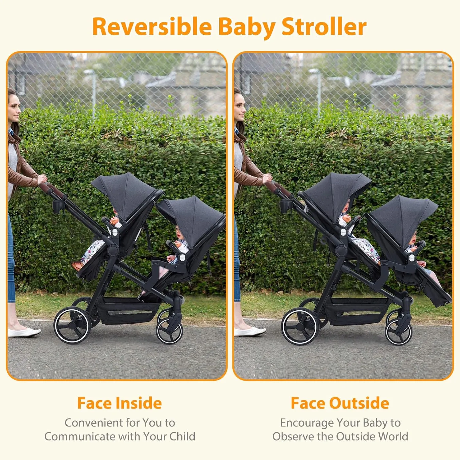 GAOMON Double Stroller Track Tandem Stroller for Infant and Toddler, Foldable Pushchair Bassinet Pram, Multi-Position Reversible & Adjustable Backrest, Large Storage Basket and Canopy, Gray