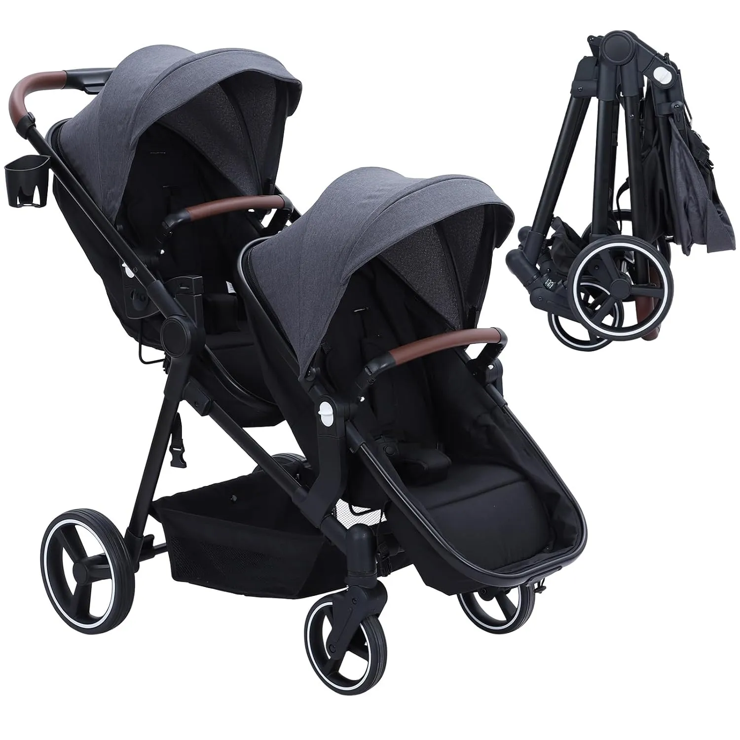 GAOMON Double Stroller Track Tandem Stroller for Infant and Toddler, Foldable Pushchair Bassinet Pram, Multi-Position Reversible & Adjustable Backrest, Large Storage Basket and Canopy, Gray