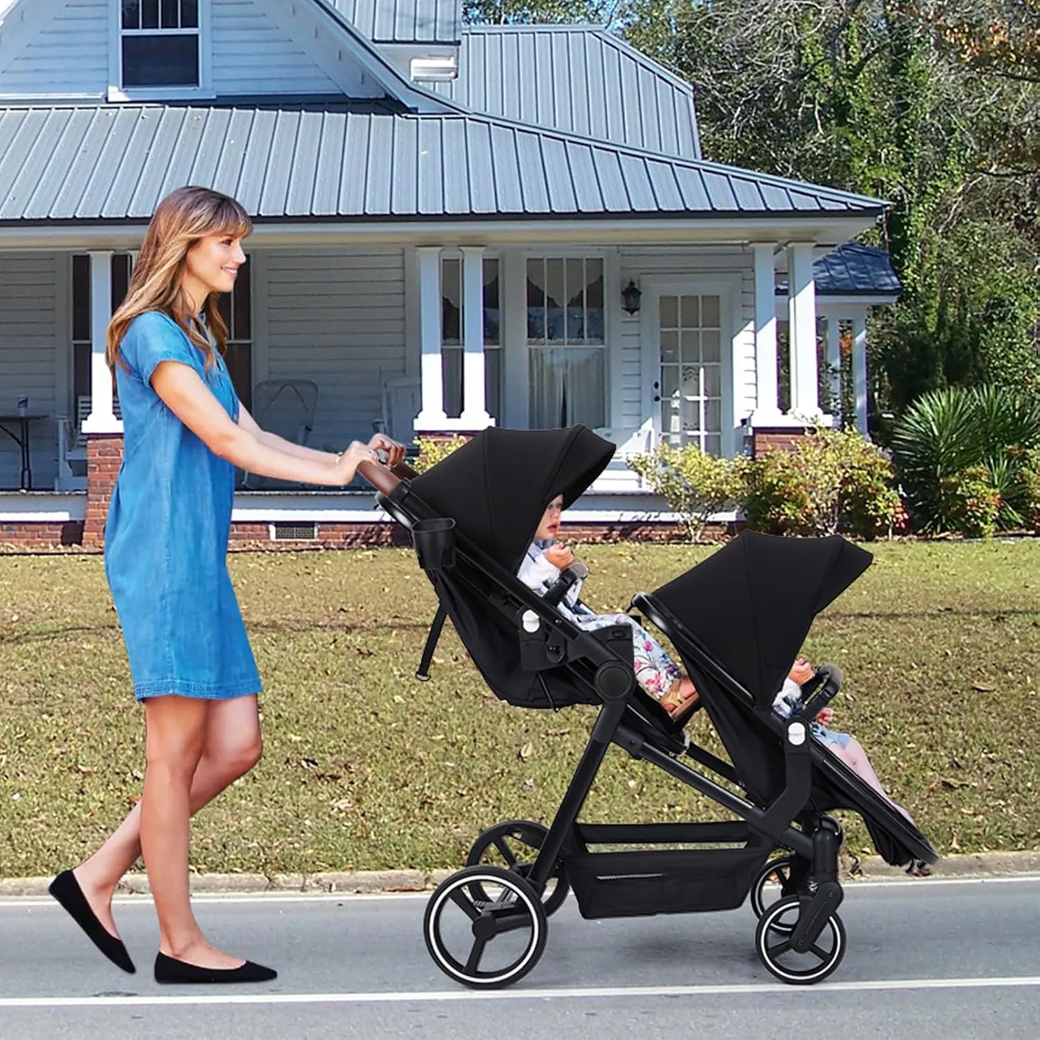 GAOMON Double Stroller Track Tandem Stroller for Infant and Toddler, Foldable Pushchair Bassinet Pram, Multi-Position Reversible & Adjustable Backrest, Large Storage Basket and Canopy