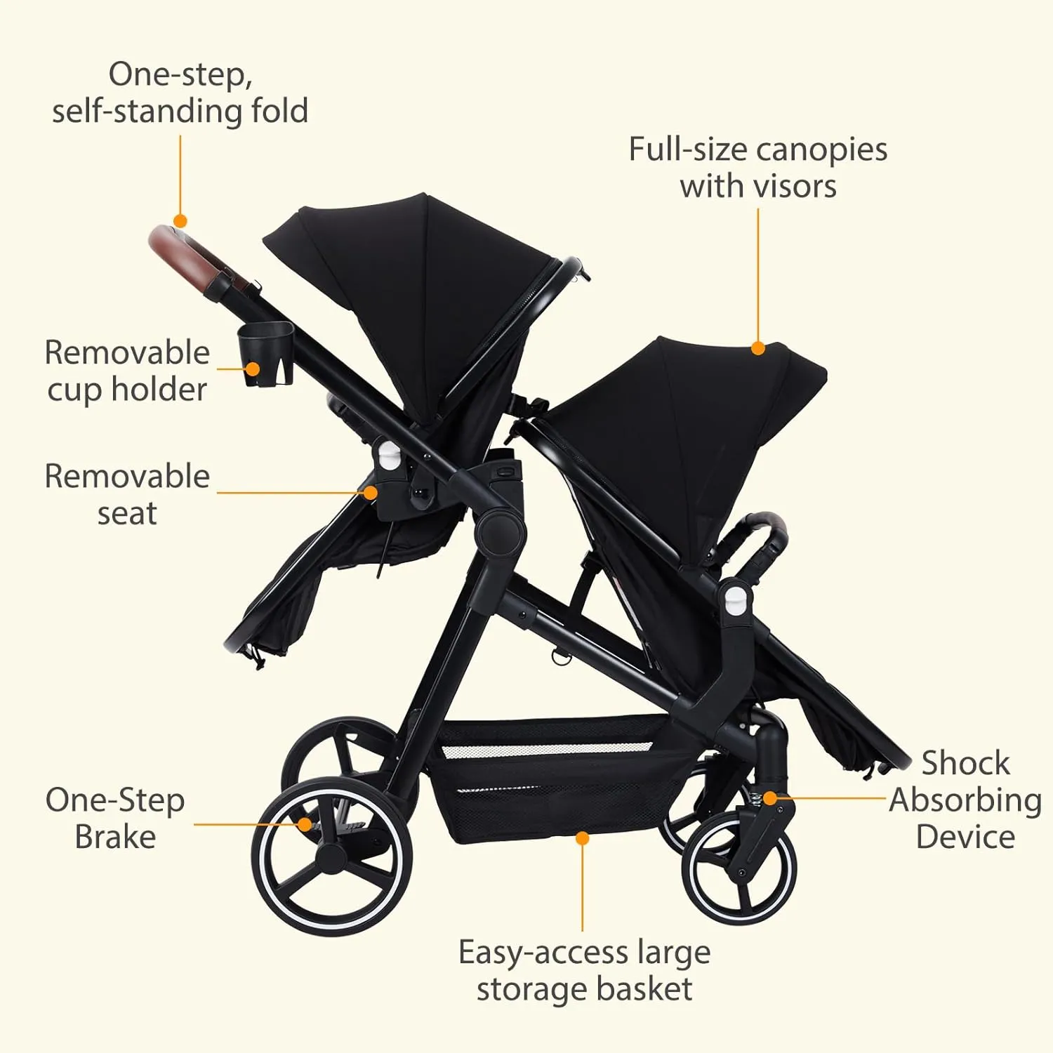 GAOMON Double Stroller Track Tandem Stroller for Infant and Toddler, Foldable Pushchair Bassinet Pram, Multi-Position Reversible & Adjustable Backrest, Large Storage Basket and Canopy
