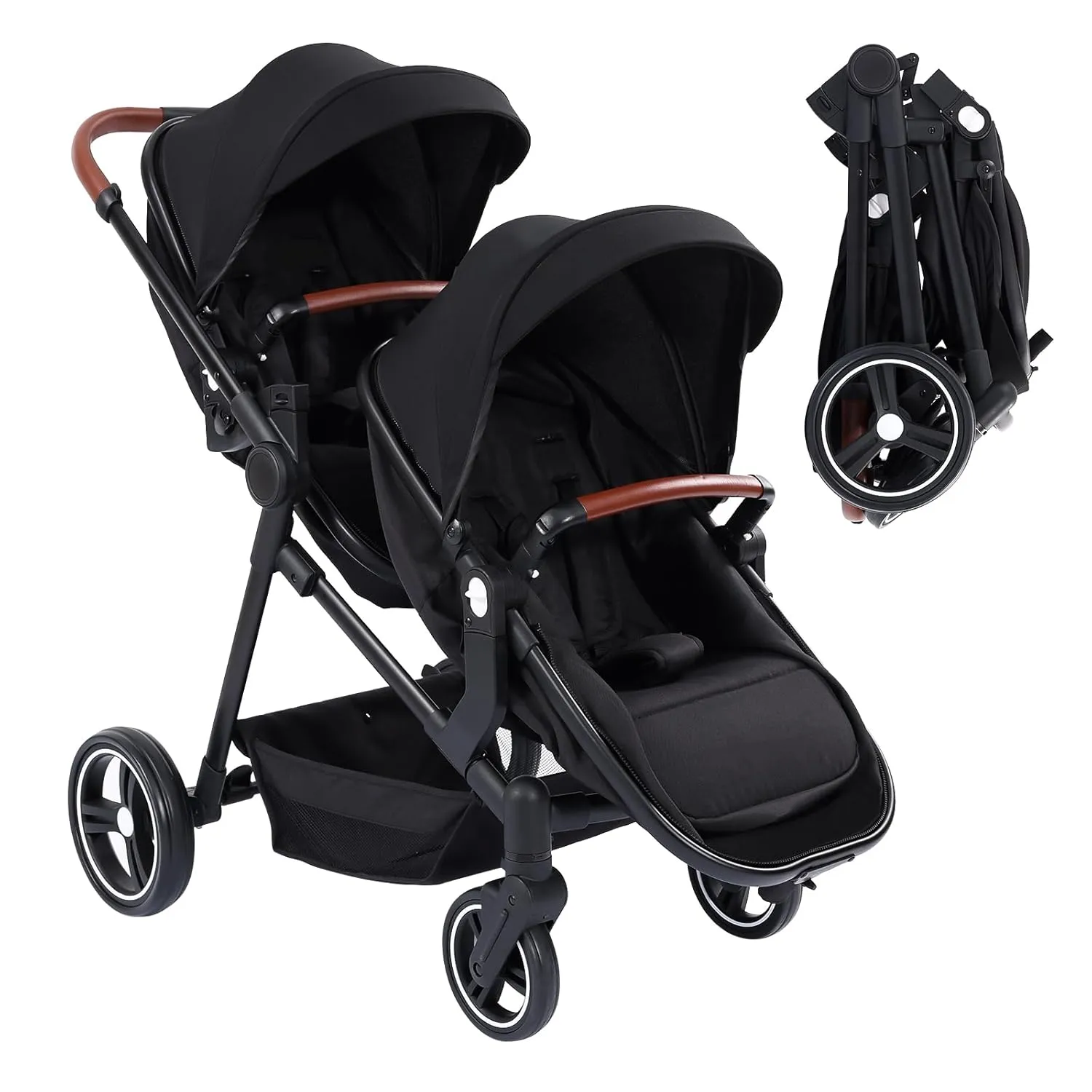 GAOMON Double Stroller Track Tandem Stroller for Infant and Toddler, Foldable Pushchair Bassinet Pram, Multi-Position Reversible & Adjustable Backrest, Large Storage Basket and Canopy