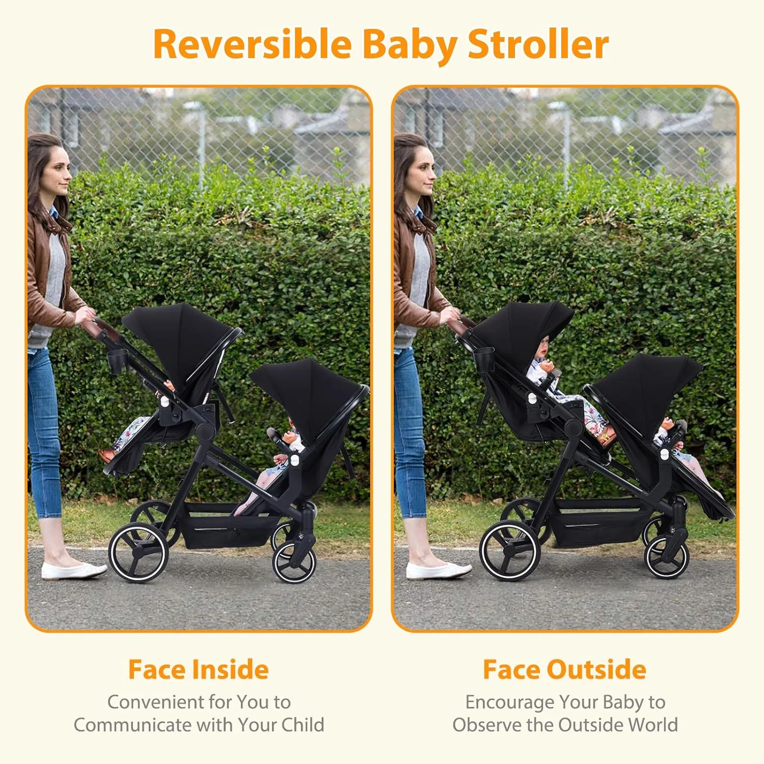 GAOMON Double Stroller Track Tandem Stroller for Infant and Toddler, Foldable Pushchair Bassinet Pram, Multi-Position Reversible & Adjustable Backrest, Large Storage Basket and Canopy