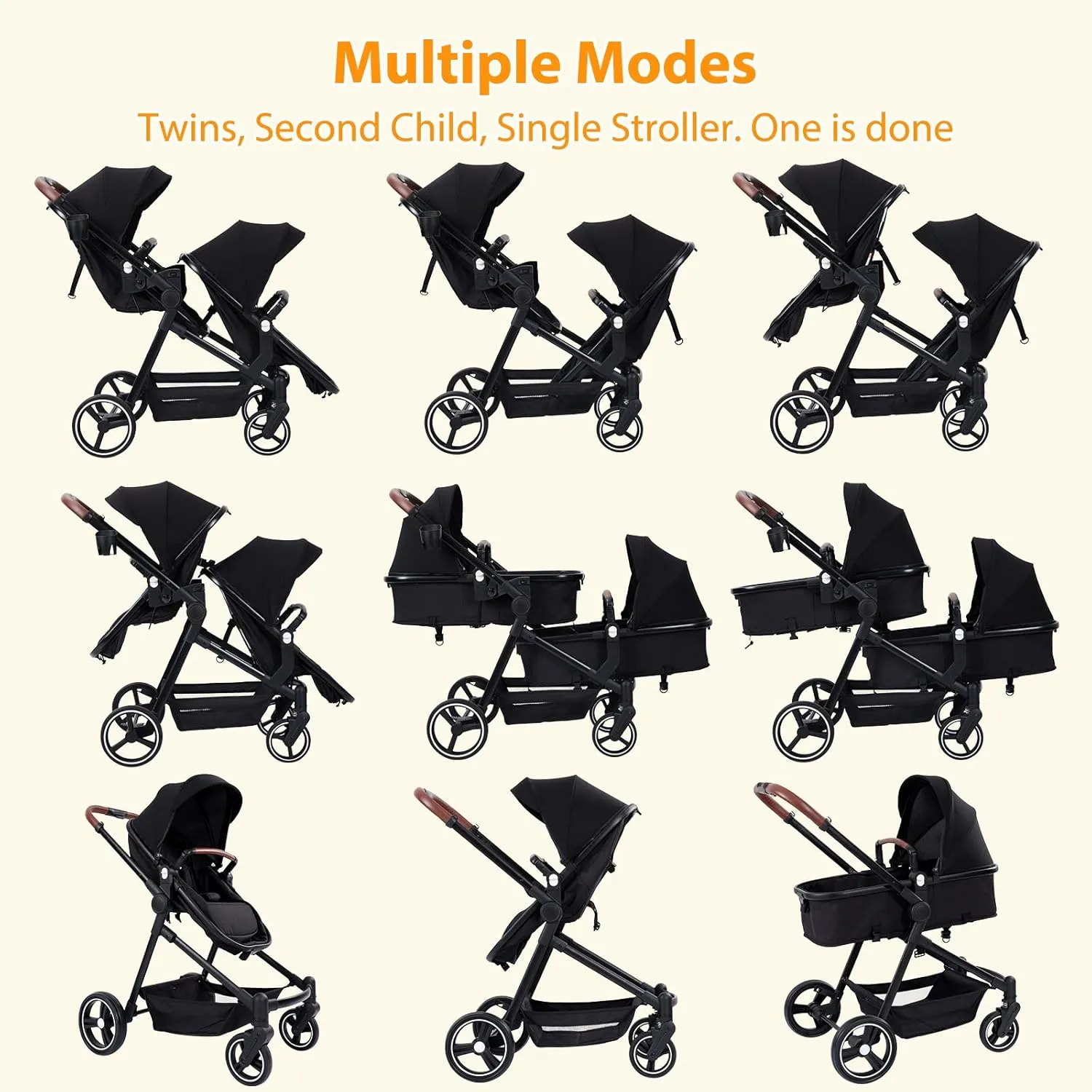 GAOMON Double Stroller Track Tandem Stroller for Infant and Toddler, Foldable Pushchair Bassinet Pram, Multi-Position Reversible & Adjustable Backrest, Large Storage Basket and Canopy