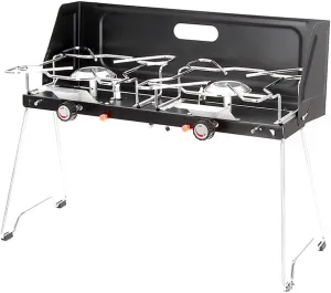 Gases Stove Double Burner Camp with Foldable Legs Stand Windscreen for Cooking Camping Picnic BBQ