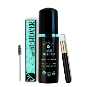 Gazelle lash shampoo kit | lash cleaner Include Lash Shampoo, Remover & Cleaning Brush for DIY Lash Segments, Salon Lash Extensions, Safe & Gentle Pre/Post Application Care lash cleaning kit
