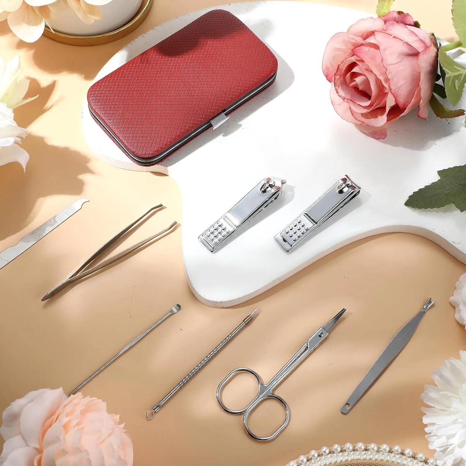 Geosar 50 Set Travel Manicure Kit Nail Clippers Pedicure Professional Nail Care Tools Stainless Steel Grooming Nail Set with Portable Travel Case Gifts for Family(Red)