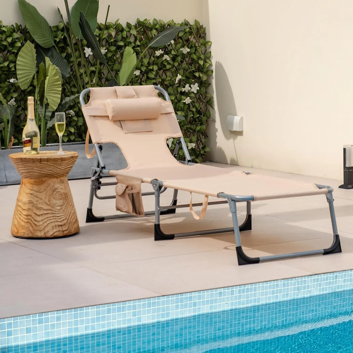 Giantex Beach Chair Chaise Lounge with Face Arm Hole, Detachable Pillow, Adjustable Backrest, Side Pocket, Carry Handle, Outdoor Folding Tanning Chair for Sunbathing(1, Beige)