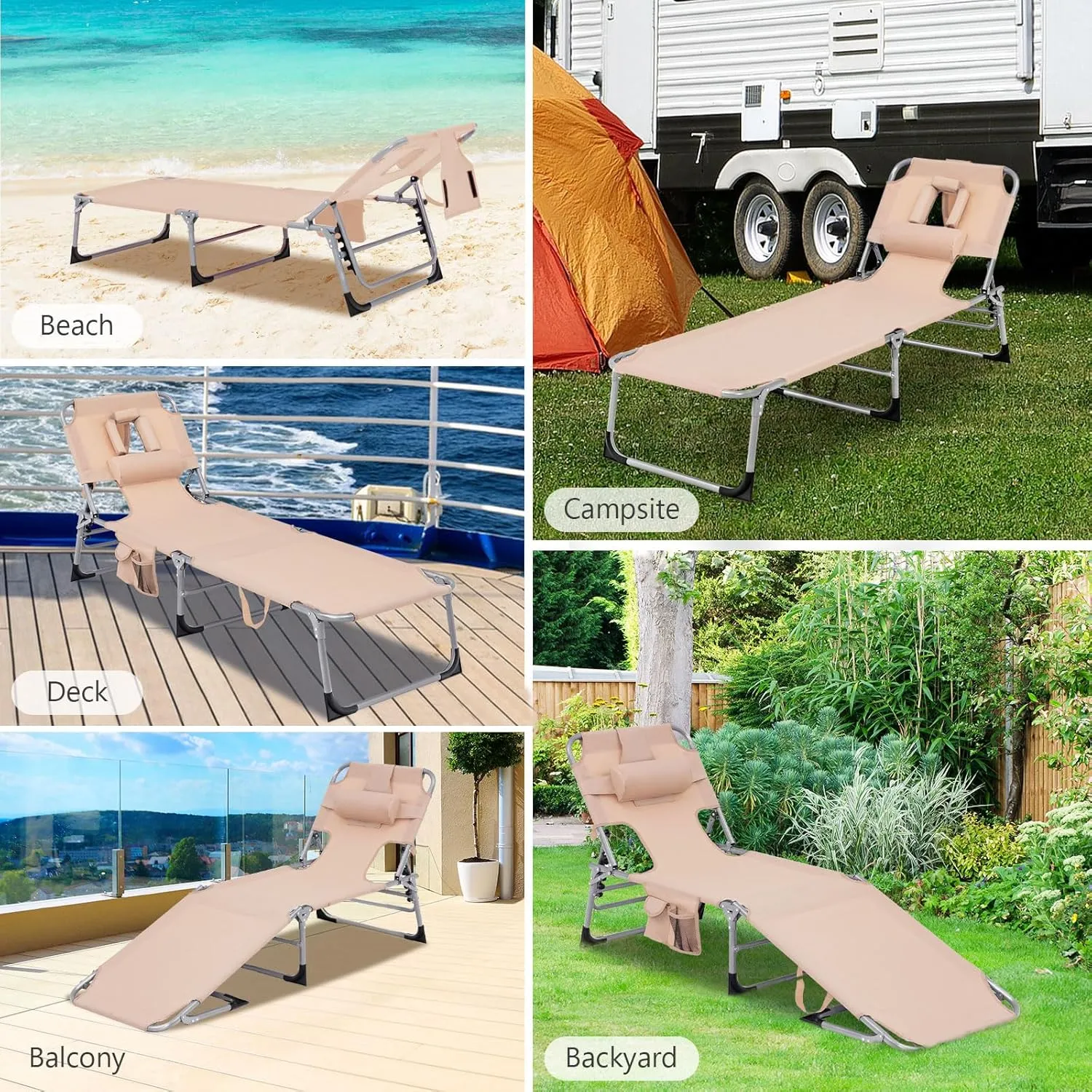 Giantex Beach Chair Chaise Lounge with Face Arm Hole, Detachable Pillow, Adjustable Backrest, Side Pocket, Carry Handle, Outdoor Folding Tanning Chair for Sunbathing(1, Beige)