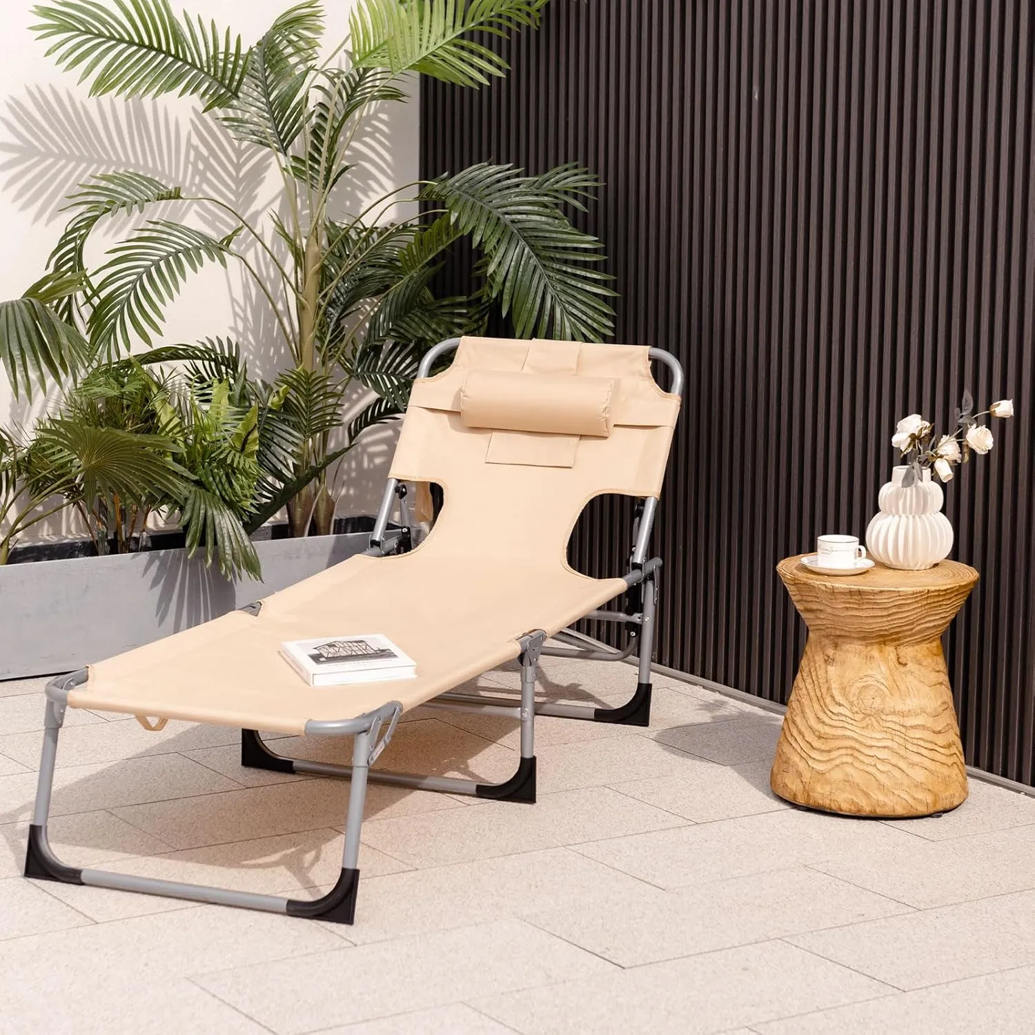 Giantex Beach Chair Chaise Lounge with Face Arm Hole, Detachable Pillow, Adjustable Backrest, Side Pocket, Carry Handle, Outdoor Folding Tanning Chair for Sunbathing(1, Beige)