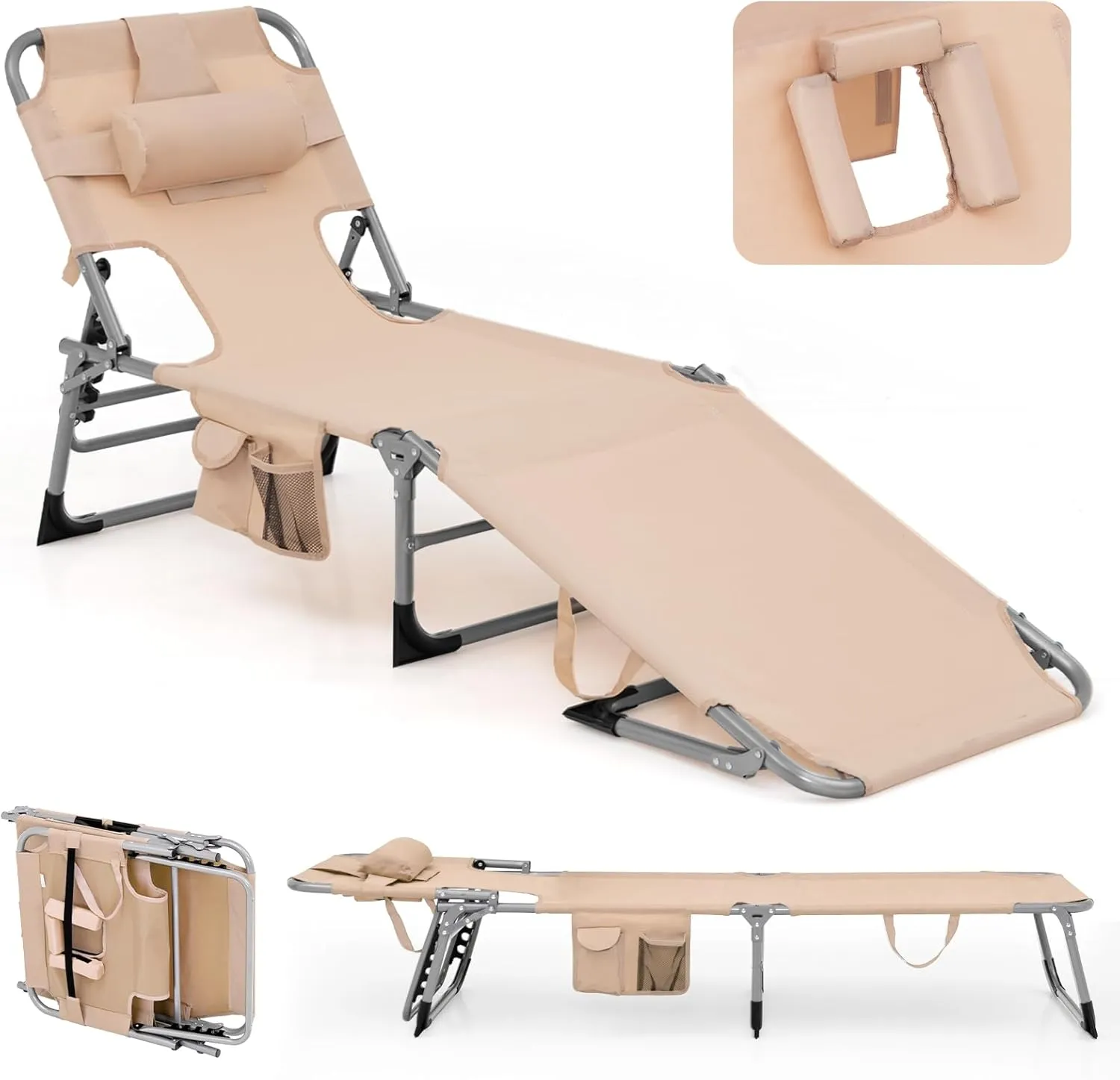 Giantex Beach Chair Chaise Lounge with Face Arm Hole, Detachable Pillow, Adjustable Backrest, Side Pocket, Carry Handle, Outdoor Folding Tanning Chair for Sunbathing(1, Beige)