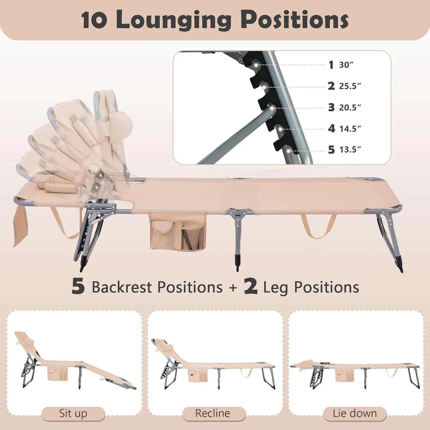 Giantex Beach Chair Chaise Lounge with Face Arm Hole, Detachable Pillow, Adjustable Backrest, Side Pocket, Carry Handle, Outdoor Folding Tanning Chair for Sunbathing(1, Beige)
