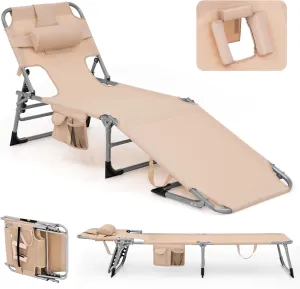 Giantex Beach Chair Chaise Lounge with Face Arm Hole, Detachable Pillow, Adjustable Backrest, Side Pocket, Carry Handle, Outdoor Folding Tanning Chair for Sunbathing(1, Beige)