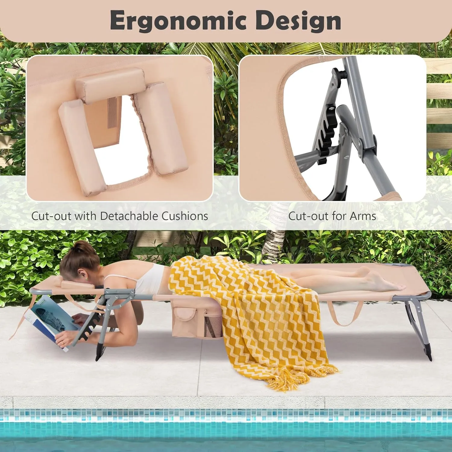 Giantex Beach Chair Chaise Lounge with Face Arm Hole, Detachable Pillow, Adjustable Backrest, Side Pocket, Carry Handle, Outdoor Folding Tanning Chair for Sunbathing(1, Beige)