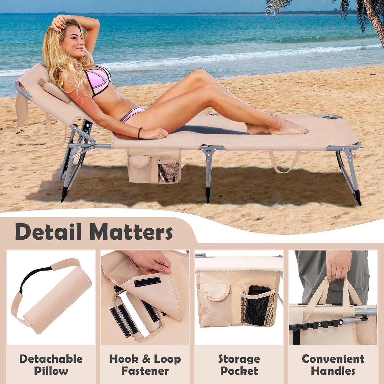 Giantex Beach Chair Chaise Lounge with Face Arm Hole, Detachable Pillow, Adjustable Backrest, Side Pocket, Carry Handle, Outdoor Folding Tanning Chair for Sunbathing(1, Beige)