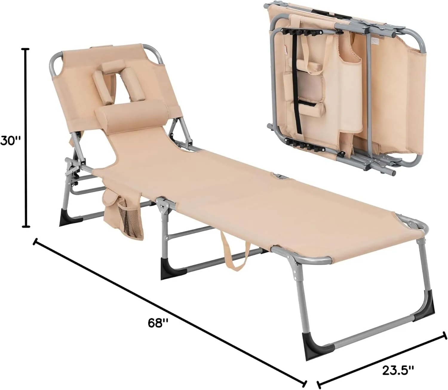 Giantex Beach Chair Chaise Lounge with Face Arm Hole, Detachable Pillow, Adjustable Backrest, Side Pocket, Carry Handle, Outdoor Folding Tanning Chair for Sunbathing(1, Beige)