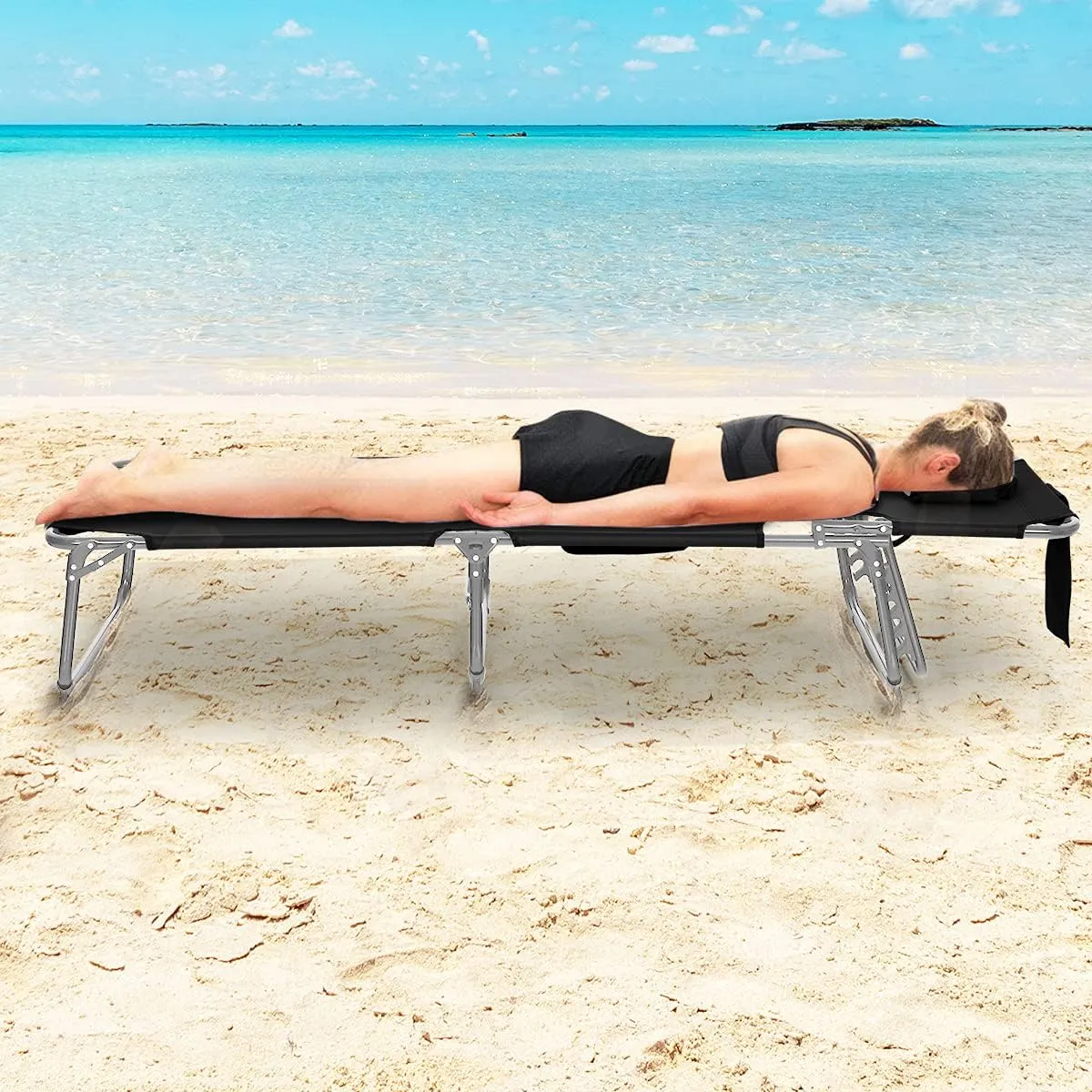 Giantex Beach Chair Chaise Lounge with Face Arm Hole, Detachable Pillow, Adjustable Backrest, Side Pocket, Carry Handle, Outdoor Folding Tanning Chair for Sunbathing(1, Black)